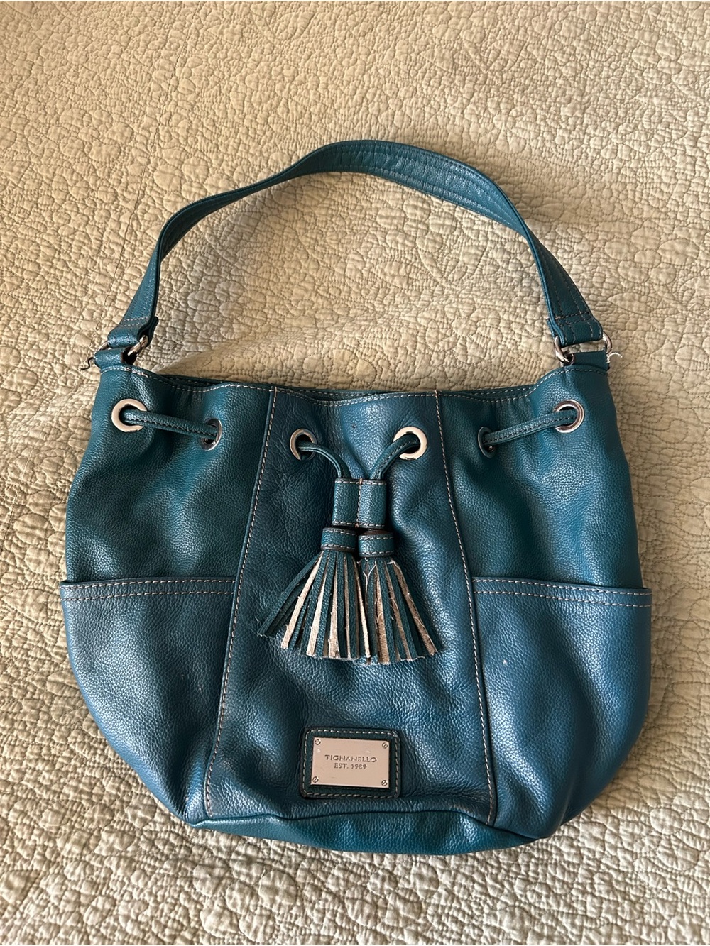 Tignanello Teal Blue Leather Tassel Hobo